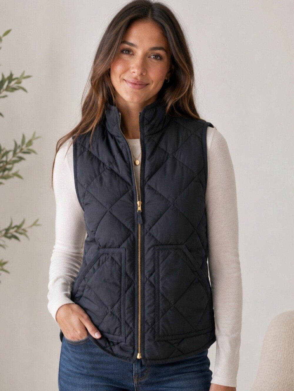J.Crew navy quilted puffer vest XXS gold zip preppy fall layering jacket
